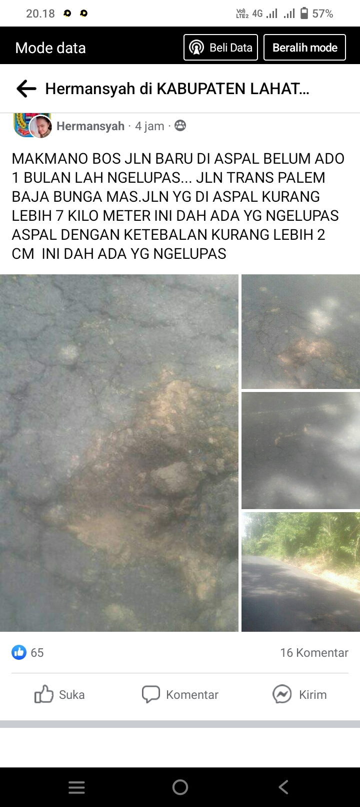 Warga Lahat laporkan jalan rusak di Facebook