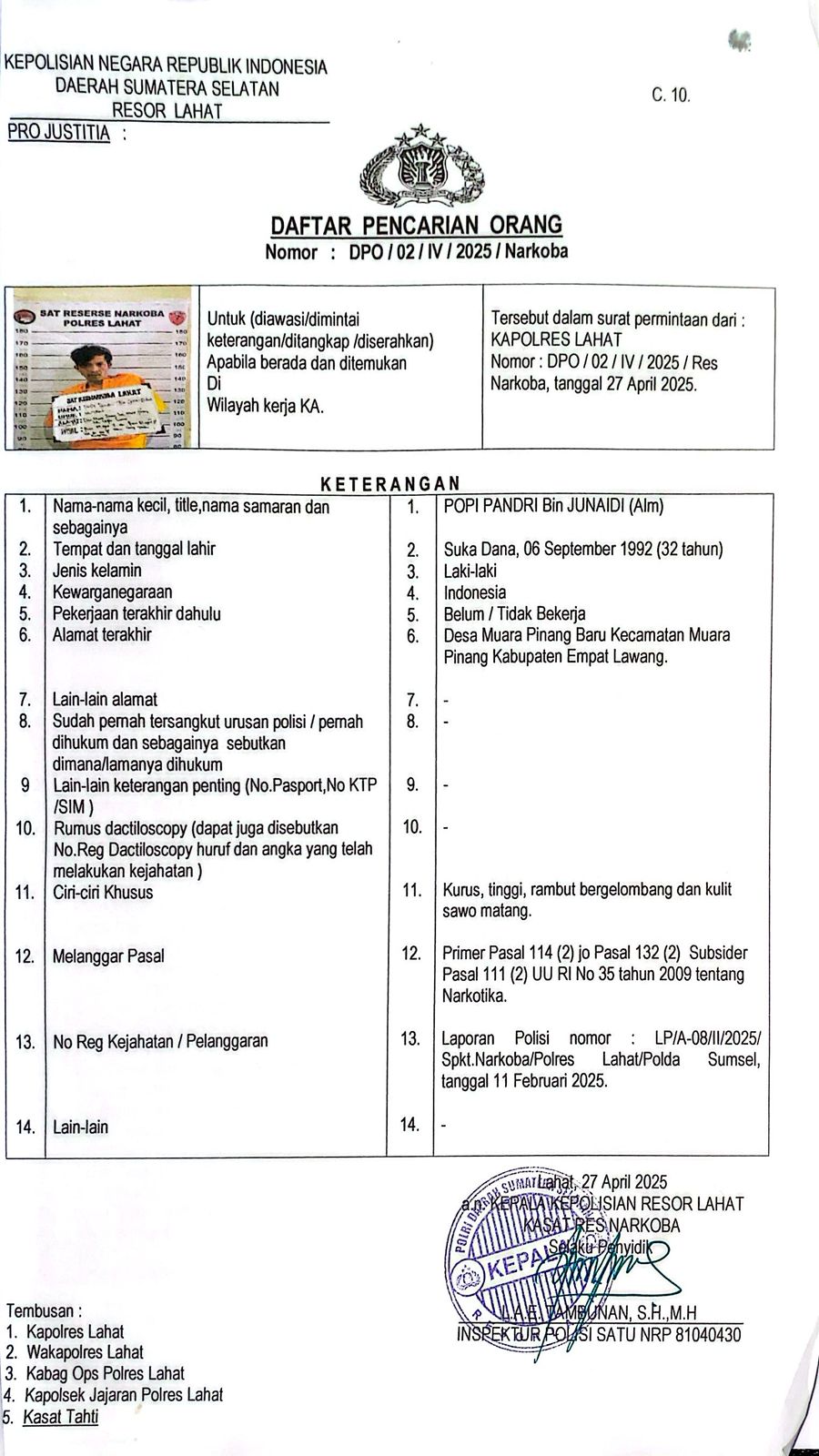 Tahanan Kasus Narkoba Kabur dari Rutan Polres Lahat, Polisi Imbau Masyarakat Beri Informasi